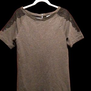 LOFT Ann Taylor Dress-Dark Grey w/ Black Lace Shoulder Design Size:XS